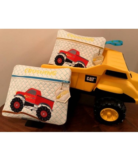 In Hoop Lined Monster Truck Zipper Bag with Pull