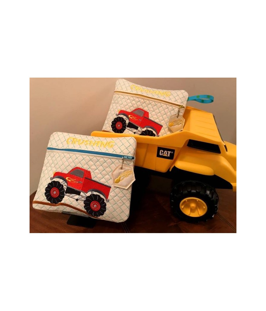 In Hoop Lined Monster Truck Zipper Bag with Pull